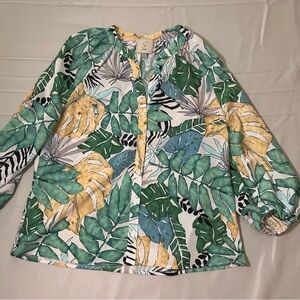 Sioni Tropical Blouse Womens Small Leaf Print Boho Casual Button Front Top